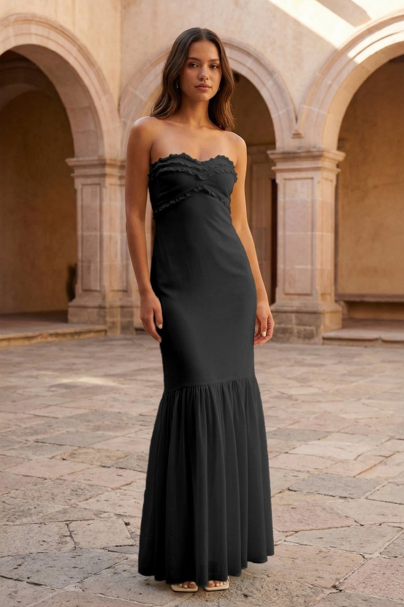 Yellow Strapless Sheath Chiffon Long Prom Dresses With Ruffles - Image 3