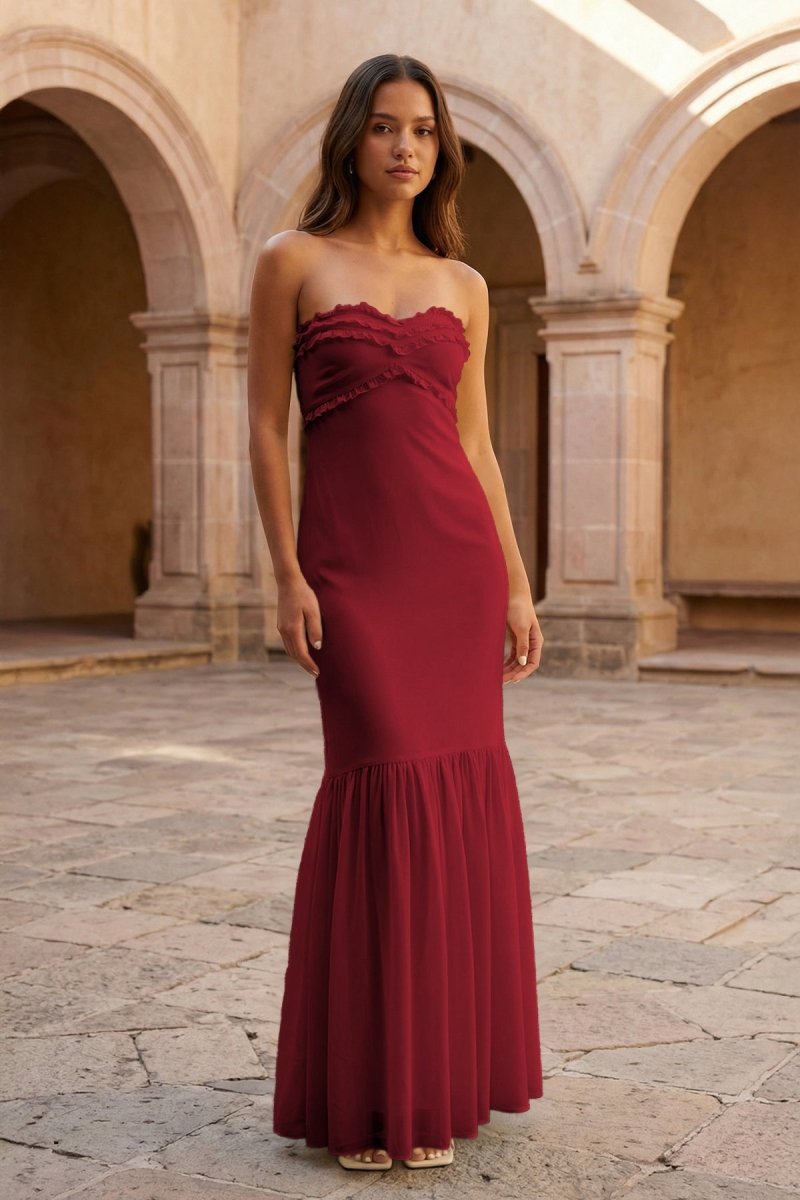 Yellow Strapless Sheath Chiffon Long Prom Dresses With Ruffles - Image 5