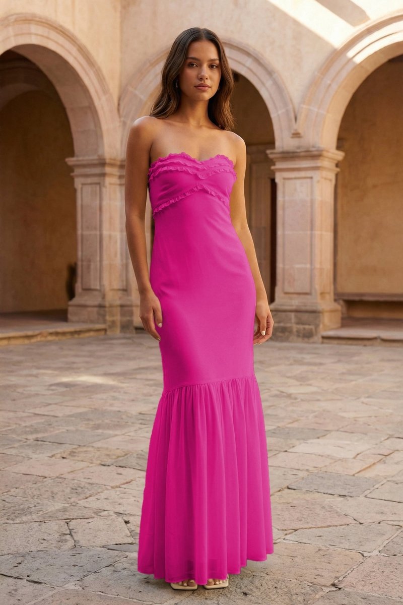 Yellow Strapless Sheath Chiffon Long Prom Dresses With Ruffles - Image 7