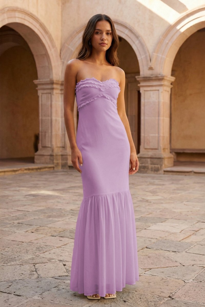 Yellow Strapless Sheath Chiffon Long Prom Dresses With Ruffles - Image 11