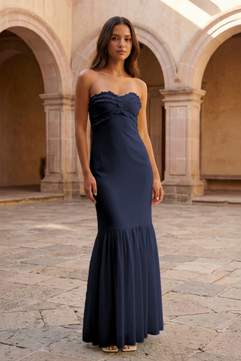 Yellow Strapless Sheath Chiffon Long Prom Dresses With Ruffles - Image 13