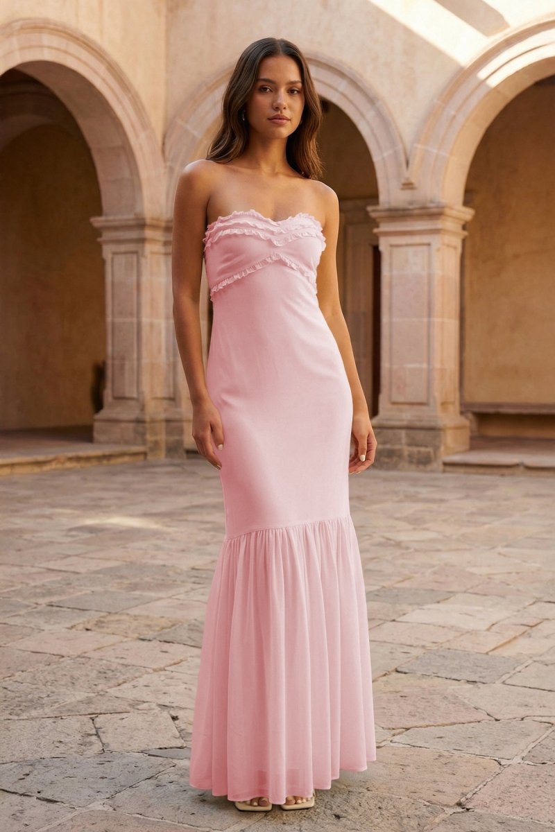 Yellow Strapless Sheath Chiffon Long Prom Dresses With Ruffles - Image 15