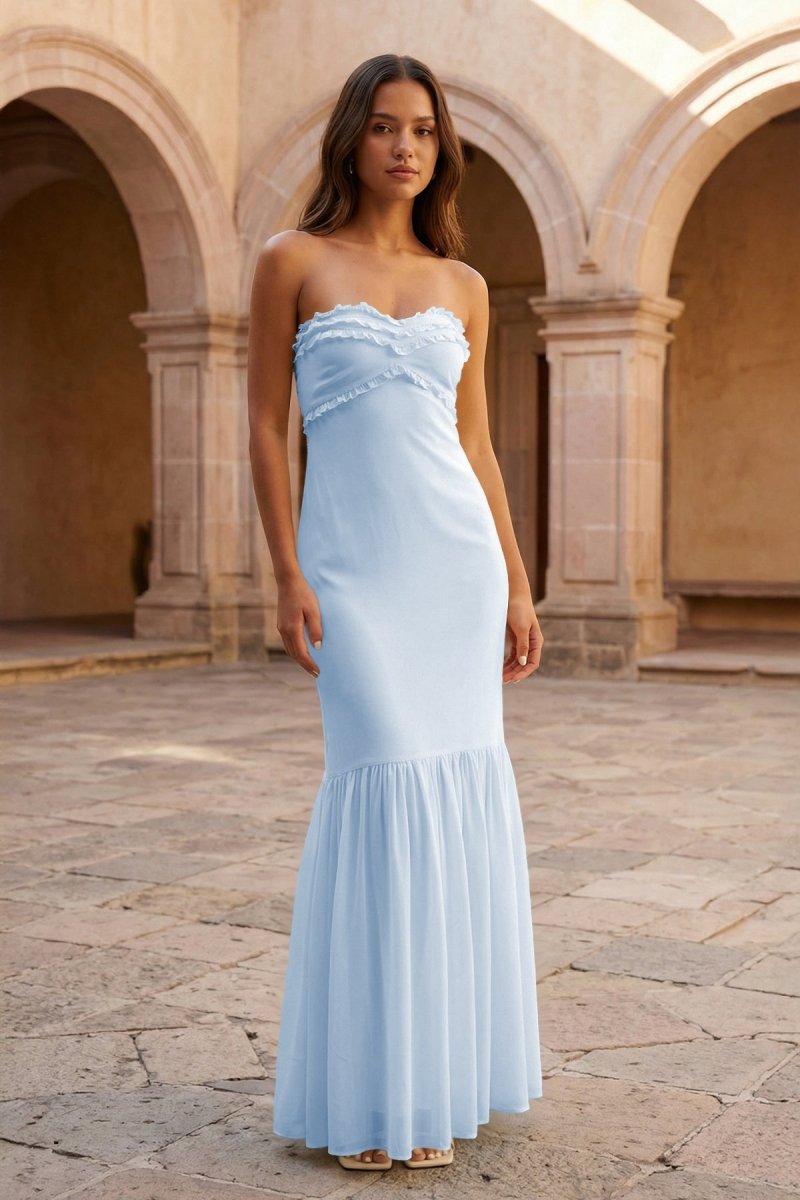 Yellow Strapless Sheath Chiffon Long Prom Dresses With Ruffles - Image 17