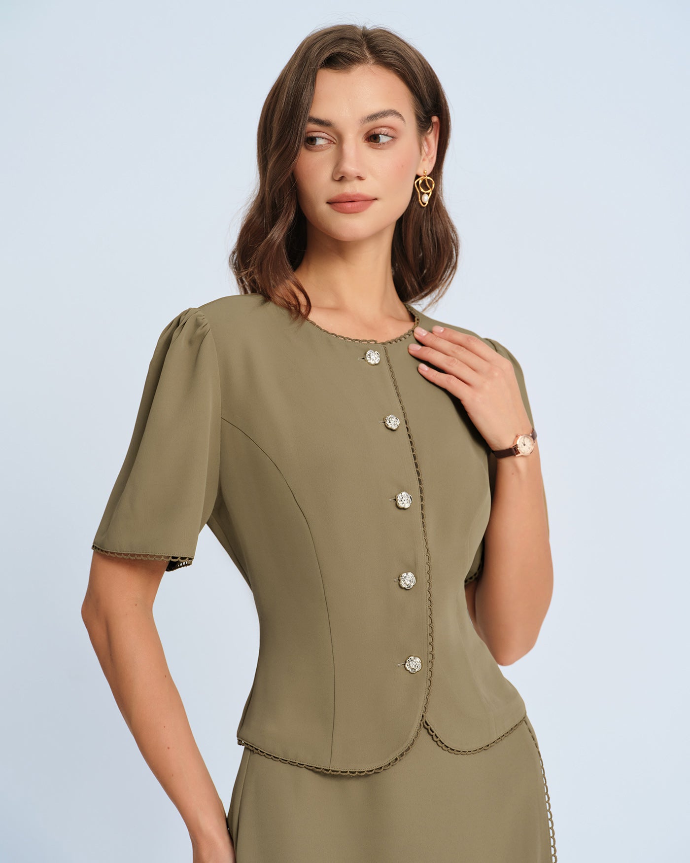 Khaki Puffed Sleeve Blouse