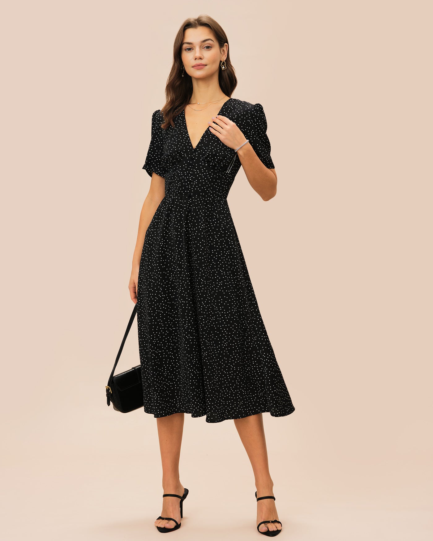 Black V Neck Polka Dot Midi Dress - Image 4