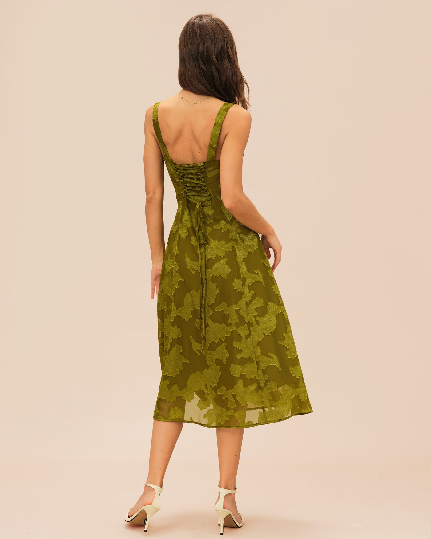 Green Square Neck Jacquard Midi Dress - Image 4