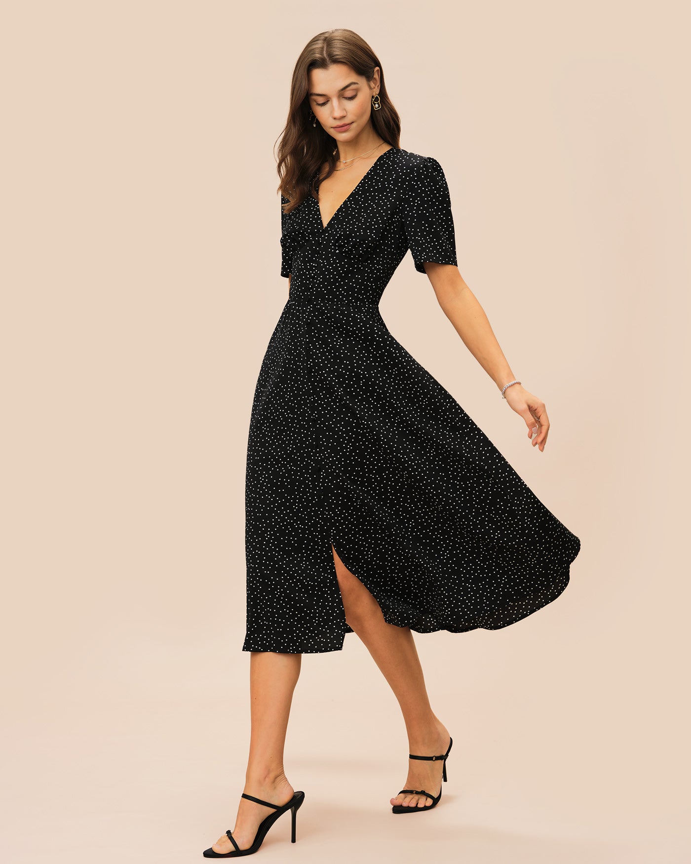 Black V Neck Polka Dot Midi Dress - Image 5