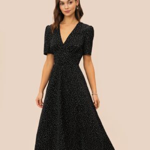 Black V Neck Polka Dot Midi Dress