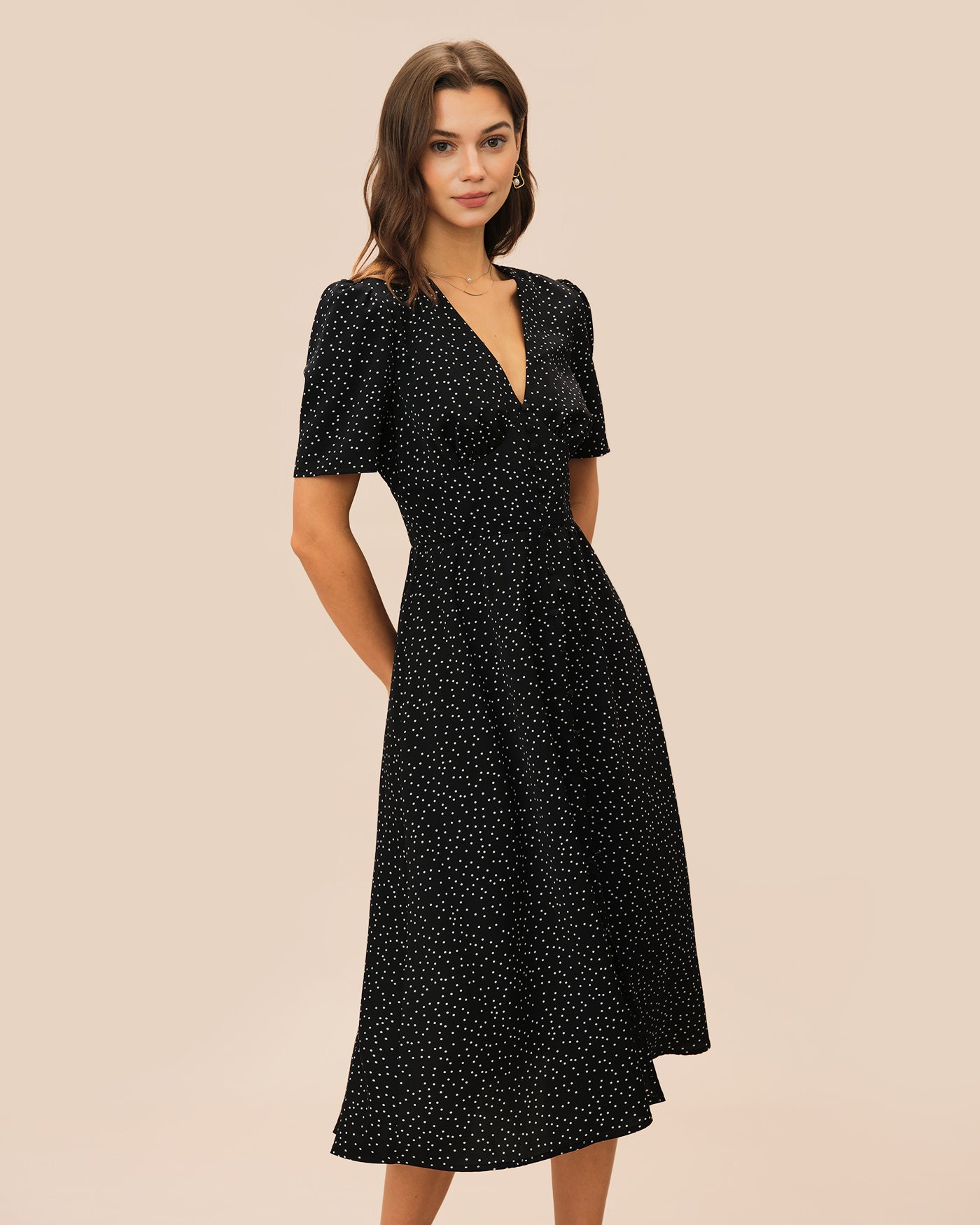 Black V Neck Polka Dot Midi Dress - Image 3