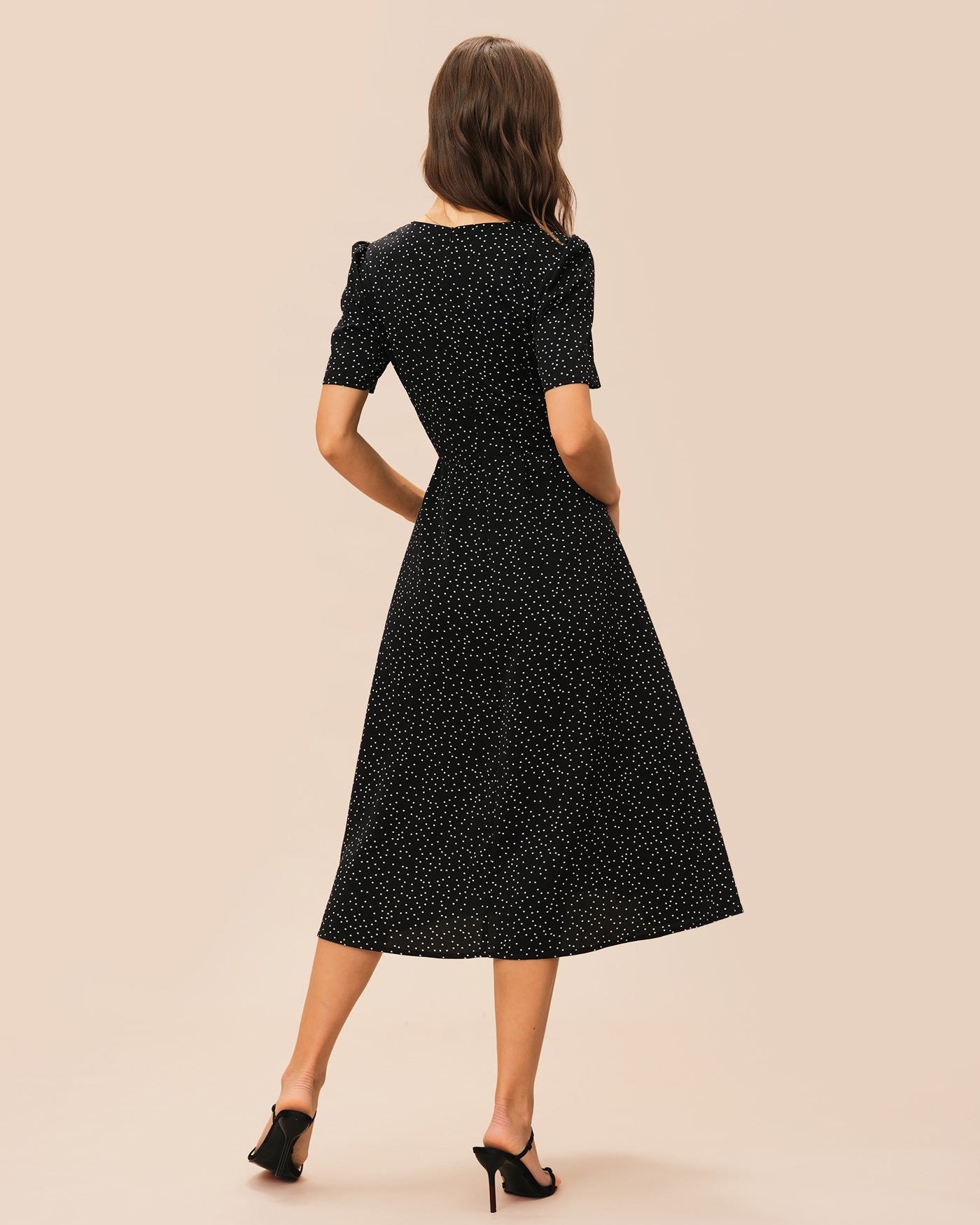 Black V Neck Polka Dot Midi Dress - Image 6