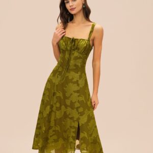 Green Square Neck Jacquard Midi Dress