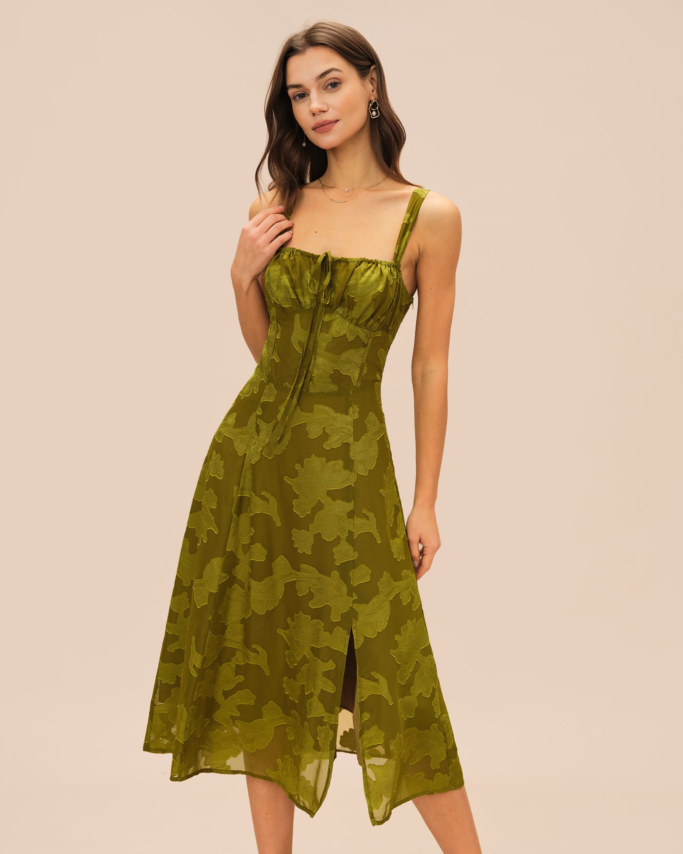 Green Square Neck Jacquard Midi Dress