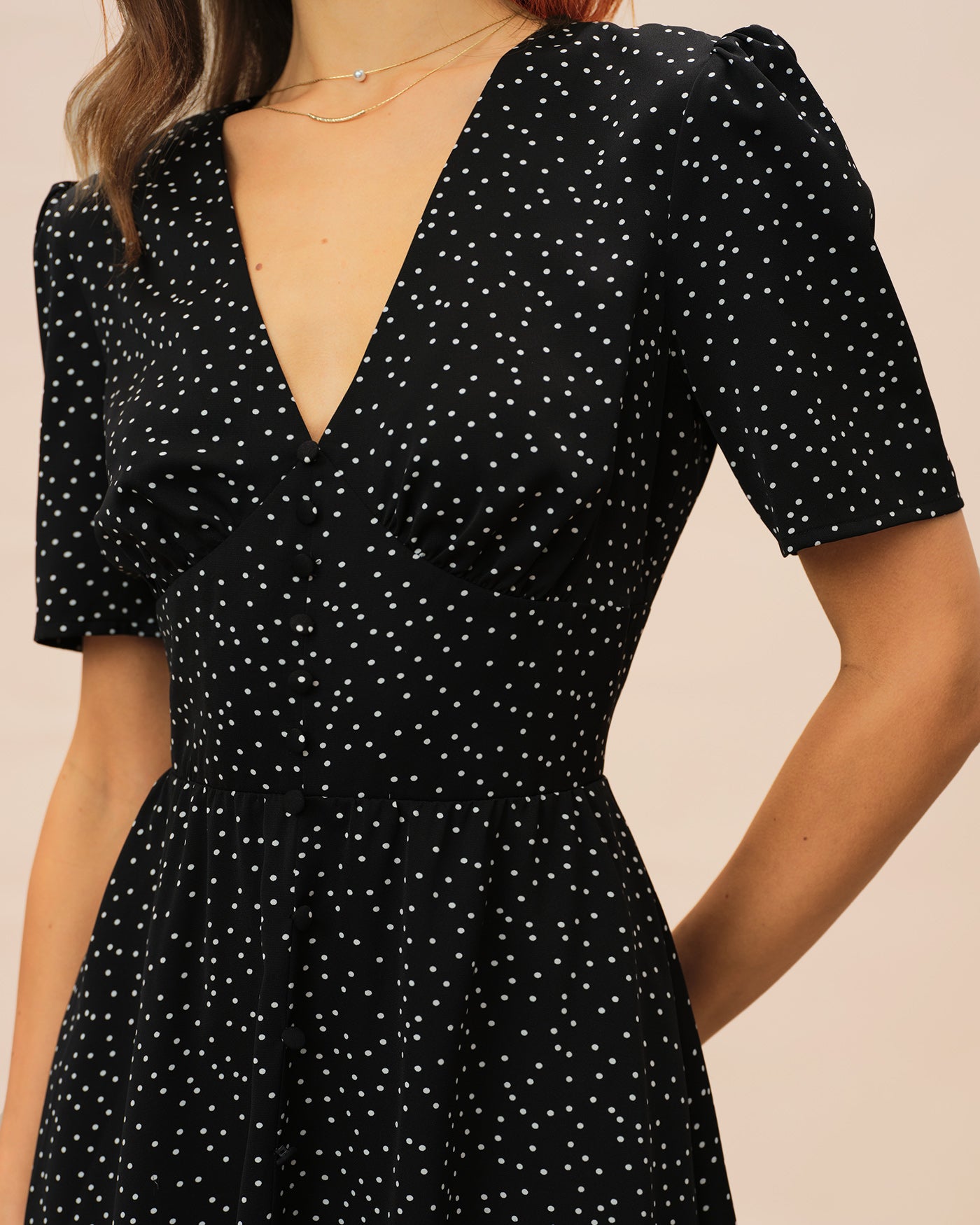 Black V Neck Polka Dot Midi Dress - Image 2