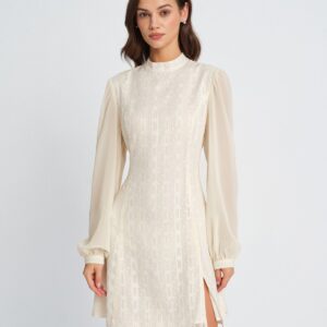Beige Chiffon Mock Neck Mini Dress