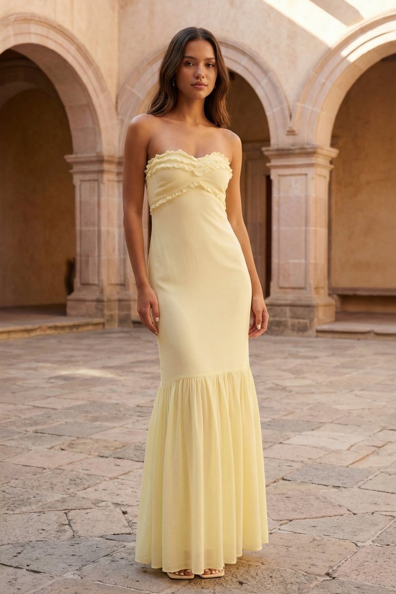 Yellow Strapless Sheath Chiffon Long Prom Dresses With Ruffles