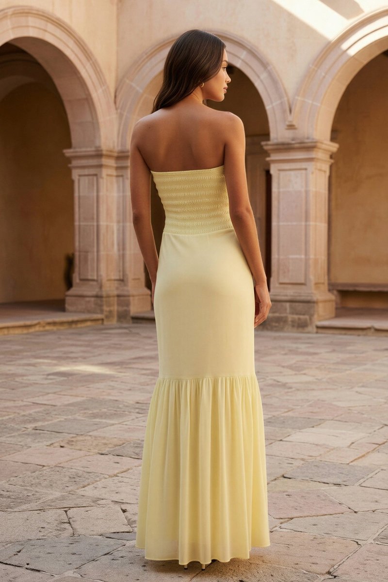 Yellow Strapless Sheath Chiffon Long Prom Dresses With Ruffles - Image 2